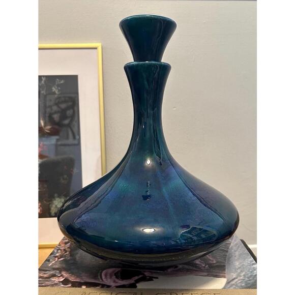 Vintage Large Handmade Ceramic Vase Decorative Jar Blue/Green Iridescent Glaze